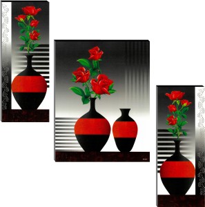 Indianara Set of 3 Red Flowers in Vases MDF Art Painting (1745FL) without glass (4.5 X 12, 9 X 12, 4.5 X 12 INCH) Digital Reprint 12 inch x 18 inch Painting