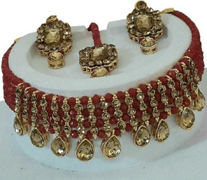 jatin imitation Metal, Stone Gold-plated Gold, Red Jewellery Set