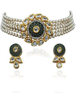 Prime Kundan Fashion Brass Gold-plated Green, White Jewellery Set