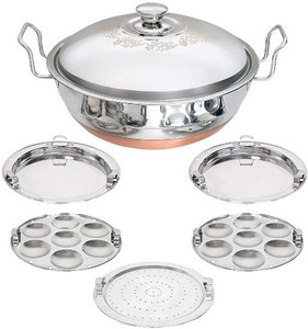 वायमोरे Stainless Steel Idli Cooker Multi Kadai Steamer with Copper Bottom All-in-One Big Size 5 Plate 2 Idli | 2 Dhokla | 1 Patra | Momo's | 28.5 cm Dia) (Copper Bottom) स्टैंडर्ड इडली मेकर