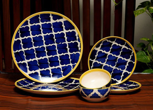 VolCraft Pack of 6 Ceramic Blue Umrao 2 Dinner Plates, 2 Quarter Plate, 2 Bowls Microwave & Dishwasher Safe Dinner Set
