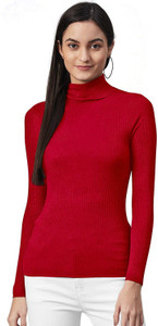 AMNOUR Self Design Turtle Neck Casual Women Red Sweater