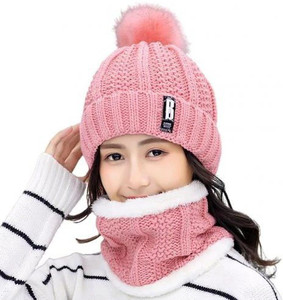 Highever women cute winter woolen warm cap with scarf set (Inside Fur) for girls Beanie Cap