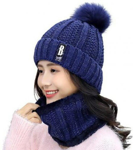 Highever women cute winter woolen warm cap with scarf set (Inside Fur) for girls Beanie Cap