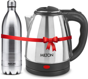 MILTON Combo Set Insta Electric Stainless Steel Kettle, 2 Litres, Silver and Duo DLX Thermosteel Hot or Cold Stainless Steel Water Bottle, 1 Litres, Silver Electric Kettle