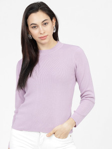 Tokyo Talkies Solid Crew Neck Casual Women Purple Sweater