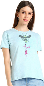 SHASHVI Self Design Women Round Neck Light Blue T-Shirt