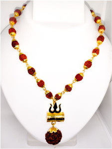 Rashifaashion Shiv Shakti Kavach 5 Mukhi Rudraksha Mala With Shiv Trishul Damru Gold-plated Plated Wood Necklace