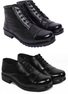KHILADI SHOES COMBO DMS Police NCC Army Military Tsf D.B. Boots Boots For Men + Mens Derby Police Laceup Oxford For Men (Black) Boots For Men