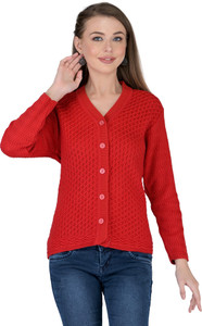 lady willington Self Design V Neck Casual Women Red Sweater