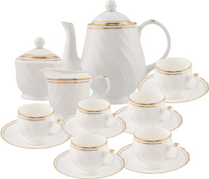 टैग्रॉक Bone China Tea Set/Cup & Saucer/Tea Kettle Pot Gold Line (Set of 15pcs) बोन चाइना
