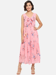 SHREE KANNAN Women Gathered Pink Midi/Calf Length Dress