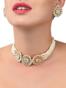 ZAVERI PEARLS Stone Gold-plated Gold, White Jewellery Set