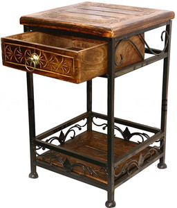 manzees Wood & Wrought Iron Side Table with Drawer for Living Room | Bedside Table | Office Decor Solid Wood Side Table