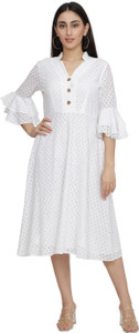 NUEVOSDAMAS Women A-line White Below Knee Dress