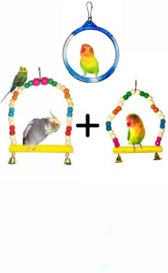 Wriddhi Combo Of Colorful Wooden Swing, Interactive Playful Bird Hanging Rings/Swing Plastic Chew Toy For Birds Cage Accessories Resting Toy Wooden Training Aid For Bird & Parrots Wooden Chew Toy, Training Aid, Perch For Bird Wooden Chew Toy Bird Play Stand
