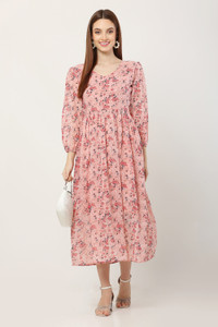 SALONI STYLE Women Fit and Flare Pink Midi/Calf Length Dress