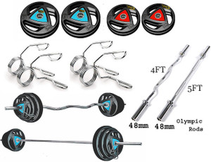 YMD 30 kg Metal Integrated Olympic Rubber Plates -50mm Hole (2.5kgx4) + (5kgx4) + 4ft curl & 5ft Straight 48mm Rod Home Gym Combo
