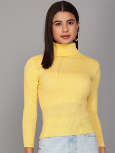 TANDUL Striped High Neck Casual Women Yellow Sweater