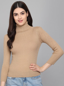 TANDUL Striped High Neck Casual Women Beige Sweater