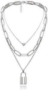 classicdream Rhodium Plated Multi Layered Heart Lock Necklace for Women Rhodium Plated Alloy Necklace Set