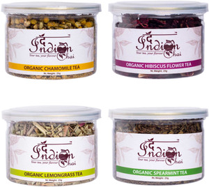 The Indian Chai Combo, Chamomile Tea, Hibiscus Tea, Lemongrass Tea and Spearmint Tea, 25g each, (4 x 25g) Herbal Infusion Tea Tin