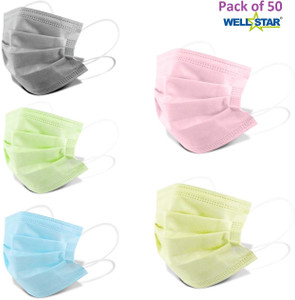 Wellstar Comfortable Fit with Bacterial Filtration ISO Certified 3 Ply Protective Face Mask with NOSE CLIP, Certified by CE, ISO & GMP Bacterial Filtration Efficiency(BFE)=98.5%, Particle Filtration Efficiency(PEE)=94% (Multicolor,50) Non-Washable, Water Resistant Surgical Mask
