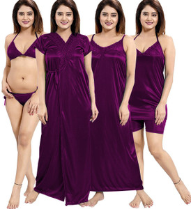 TWELEBERG Women Solid Purple Night Suit Set