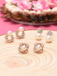 ZAVERI PEARLS Combo of 3 Contemporary Cubic Zirconia, Pearl Brass Stud Earring