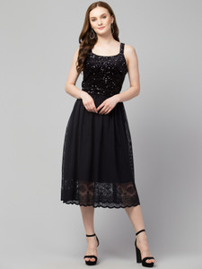 urban streetwear Women Fit and Flare Black Below Knee Dress