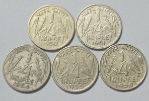 Sansuka Set of First Republic India Coins 1/4 Rupee 1950-1951-1954-1956-1956 quarter rupee rare collection Modern Coin Collection