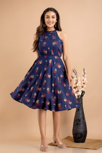 GORDHAN Women Cinched Waist Blue Below Knee Dress