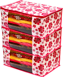 STARSREWIN Clothes Cover Trendy Spun Bonded Non Woven Saree Cover Storage Bags for Clothes with primum Quality Combo Offer Saree Organizer for Wardrobe/Organizers for Clothes/Organizers for Wardrobe Pink Flower Printed ( Pack Of 3 ) 103
