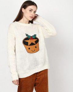Brave Soul Solid Round Neck Casual Women White Sweater