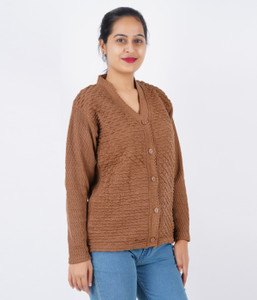 Guide Self Design V Neck Casual Women Brown Sweater