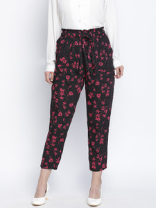 OXOLLOXO Women Regular Fit Polyester Pencil Printed Casual Black Pant Regular Fit Women Black, Pink Trousers