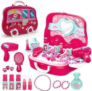 मिखा Beauty Set Toy Cosmetic Makeup Kit Toys Suitcase with All Makeup Accessories Necklace, Bracelet, Hairdryer, Mirror for Kids