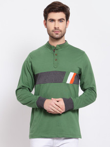 KALT Colorblock Men Mandarin Collar Green T-Shirt