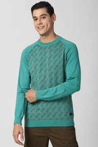 PETER ENGLAND Self Design Round Neck Casual Men Green Sweater