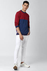 PETER ENGLAND Colorblock Round Neck Casual Men Maroon, Blue Sweater