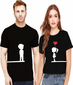 Uniplanet Store Printed Couple Round Neck Black T-Shirt