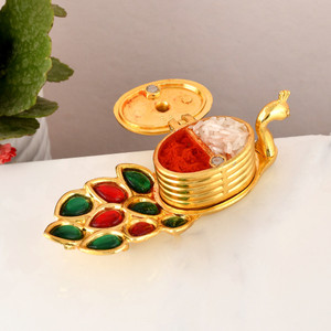 Craftam Peacock Shape Roli Rice, Kumkum Chawal Holder Tilak Chopda With Roli Rice Pack Decorative Showpiece  -  12 cm
