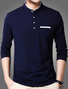 Oosh Solid Men Mandarin Collar Blue T-Shirt