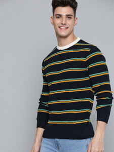 Mast & Harbour Striped, Woven Round Neck Casual Men Dark Blue Sweater