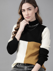 Roadster Colorblock Turtle Neck Casual Women Black Sweater