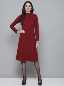 SASSAFRAS Women A-line Maroon Midi/Calf Length Dress