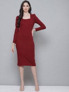 SASSAFRAS Women Bodycon Maroon Below Knee Dress