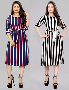 tanvi creation Women Skater Purple, White Below Knee Dress