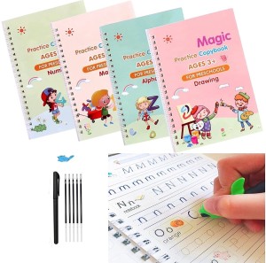 MARCRAZY 4 PCS Sank Magic Practice Copybook for Kids,Magic Calligraphy That Can Be Reused Tracing Handwriting Copybook Set,English Writing Practice Book for Kid (Book + 5 Refills Set) Mini Notebook Ruled 40 Pages