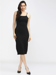 Tokyo Talkies Women Ribbed Black Knee Length Dress